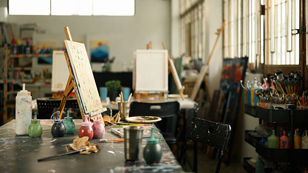 istock Creative Art Studio with Painting Supplies and Easels, Artistic Workspace Concept 2232806244