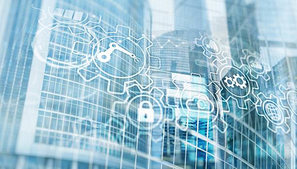 istock Gear icons on city background. RPA Robotic Process Automation 2232807312