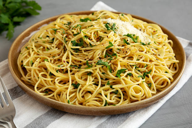 istock Homemade Italian Spaghetti Aglio e Olio on a Plate, side view. Close-up. 2232809628
