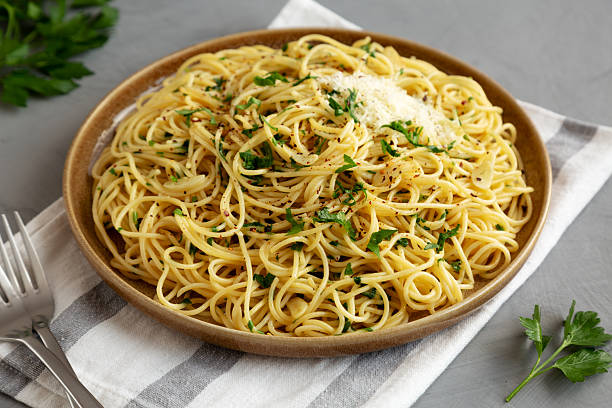 istock Homemade Italian Spaghetti Aglio e Olio on a Plate, side view. 2232809702