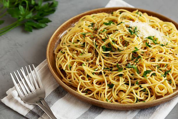 istock Homemade Italian Spaghetti Aglio e Olio on a Plate, side view. 2232809722