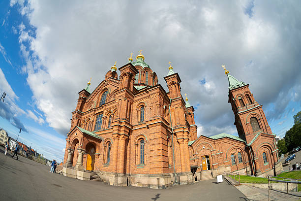 Helsinki, Finland. August 26 2025. panoramic view of the Dormition Cathedral in the city center