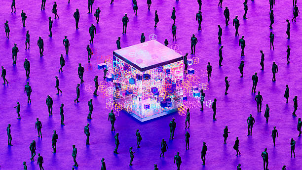 istock Glowing Data Cubes with Business Crowd on Futuristic Neon Background 2232813082