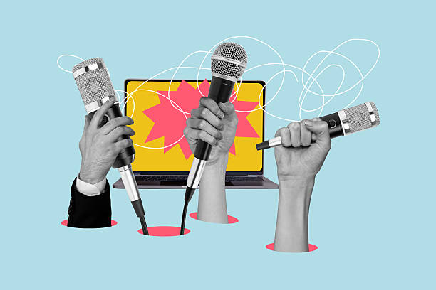 3d sketch banner collage trend artwork of laptop device microphone workplace correspondent news reportage stream podcast.