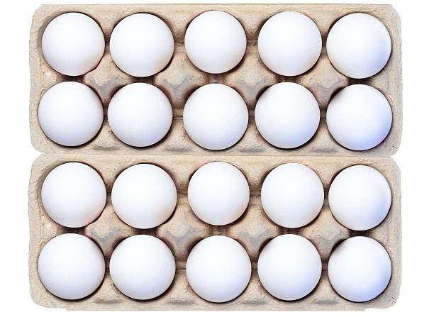 istock Top view of white eggs neatly arranged in open cardboard tray on white background. 2232822895