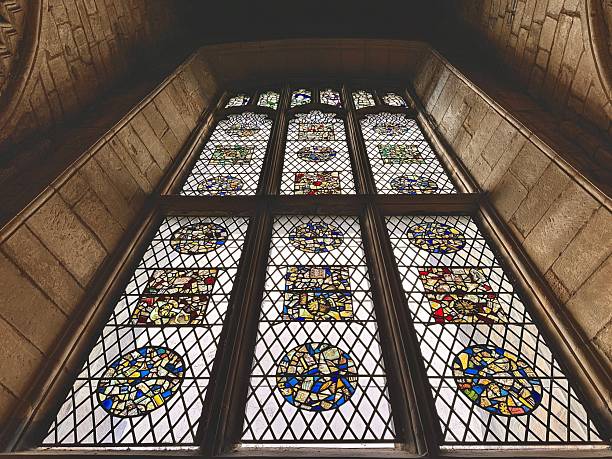 Low angle view of a stained glass window in Durham Cathedral