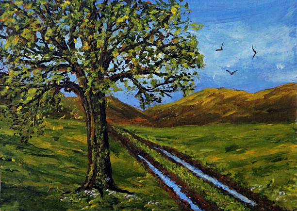 Beautiful landscape painting showing village in the mountains on a sunny spring day.