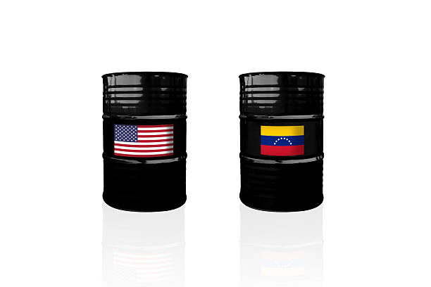 istock Crude oil barrels with US and Venezuela flags 2232826248
