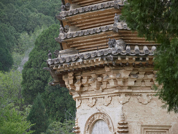 Ancient Multi-Tiered Pagoda Structure with Intricate Architectural Details Set Against a Lush Green Mountainous Backdrop