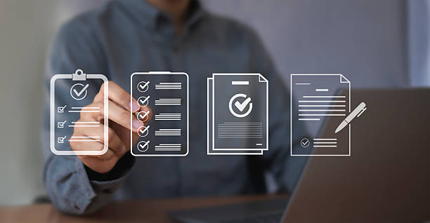 istock Digital document approval checklist on laptop screen. Productivity and business technology concept. Document validity management and online surveys. Enterprise business technology. 2232832855