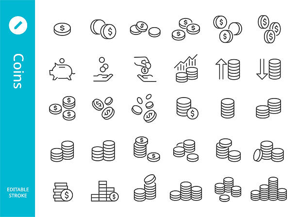 ikony mincí - řada line - mince stock ilustrace