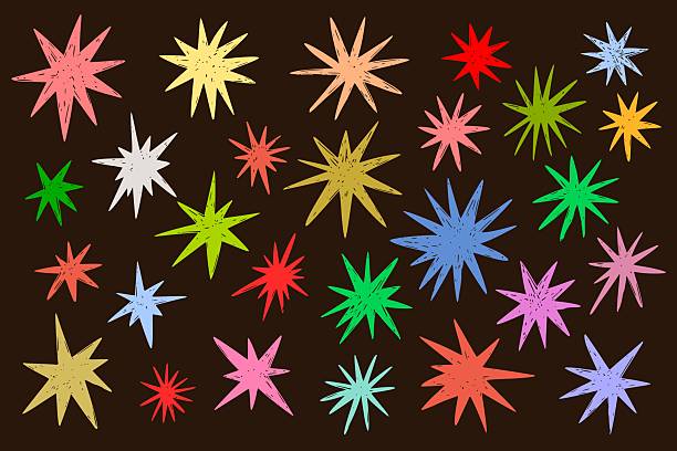 Set of multicolored pointed stars, flashes, fireworks, explosion effect of different shapes and sizes, hand drawn with marker textured coloring. Vector illustration of festive background.