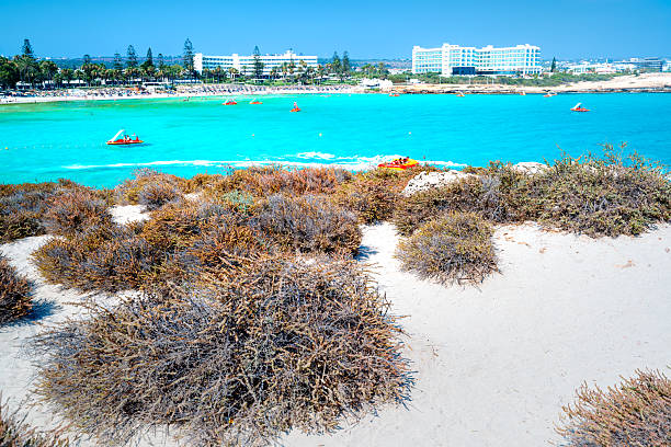 Nissi Beach in bay with white sand and azure waters in seaside resort  Ayia Napa, Cape Greco, Cyprus.
