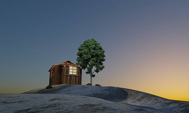View of cottage on hill over blue sky scene 3d rendering nature wallpaper background