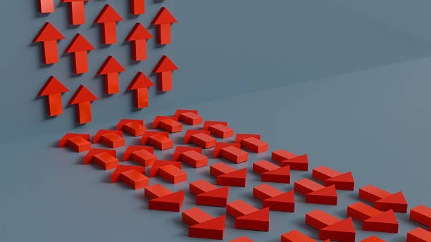 istock Volumetric red arrows pointing up and straight located in different planes and symbolize forward movement and growth and development, business analytics on a blue 2232842854