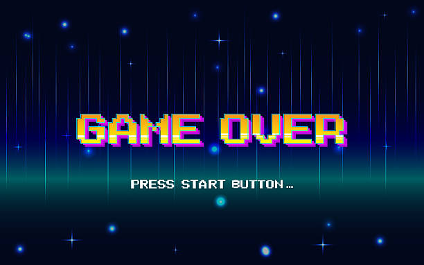 istock Game Over, Retro games for game assets in retro futuristic sci-fi background vector illustration. Glowing neon from an old arcade 2232845452