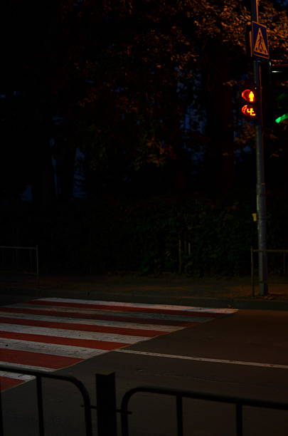 istock Pedestrian crossing at night, red zebra 2232846682