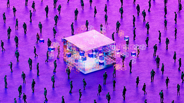 istock Glowing Data Cubes with Business Crowd on Futuristic Neon Background 2232848284