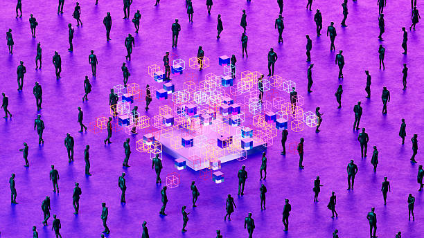 istock Glowing Data Cubes with Business Crowd on Futuristic Neon Background 2232848375