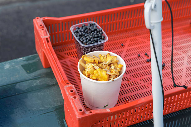 Fresh Chanterelle Mushrooms and Blueberries at a Local Market