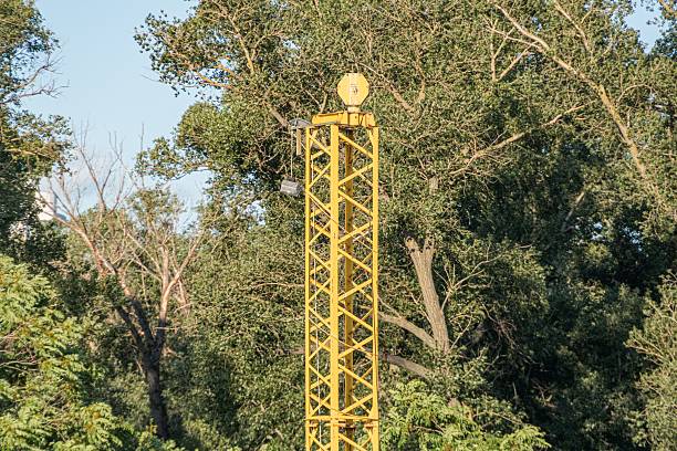 istock A tall, yellow communication tower with horizontal bars and a satellite dish is centered in a lush green field amidst trees The sky above is blue 2232857124