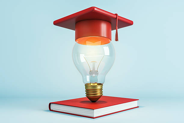 istock Lightbulb with red graduation cap on book symbolizing education, learning, and creative ideas on blue gradient background. 3D Rendering. 3D Rendering 2232857725