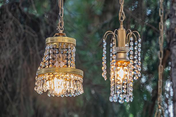 Chandeliers with golden frames and crystal embellishments suspended from tree branches, illuminated in a soft, blurred indoor setting Warm, inviting atmosphere