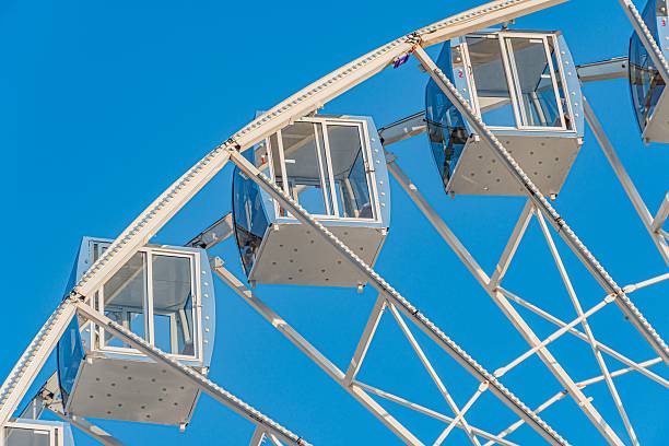 istock Ferris wheel against blue sky in modern city, white gondolas with open sides, curved spokes, daylight, realistic style, no people or text 2232870340