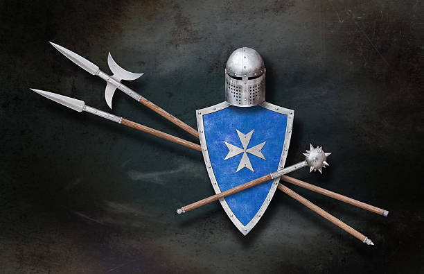 blue shield decorated with cross helmet spear and halberd on dark grunge background