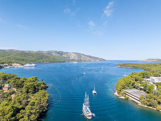 Large sailing ship and motorboat navigating clear blue waters between green forested shores. Scenic coastal bay with hills and boats, ideal for travel, tourism, and maritime themes.