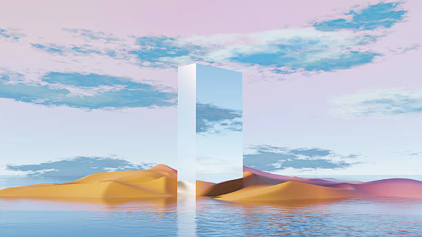 istock 3d render, tall reflective monolith in surreal pastel desert landscape with water 2232891565