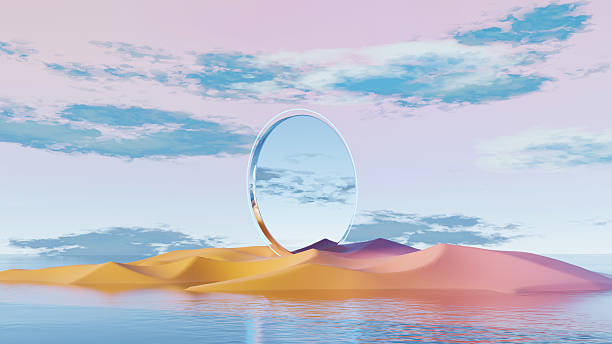 istock 3d render, surreal landscape with giant reflective ring over pastel desert and water 2232891568