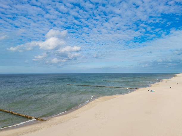 Sandy shoreline meets calm waves under a bright sky with fluffy clouds. Tranquil ocean scene showcasing wooden groynes extending into the water. Perfect depiction of coastal scenery and peaceful beach atmosphere.