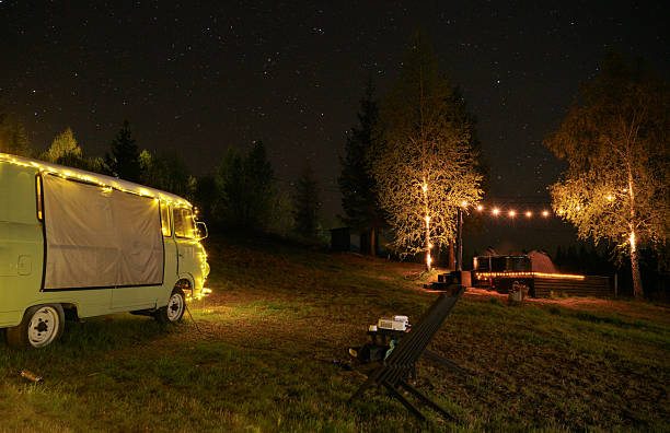 Projector screen on vintage camper outdoor at night with hot tub in background