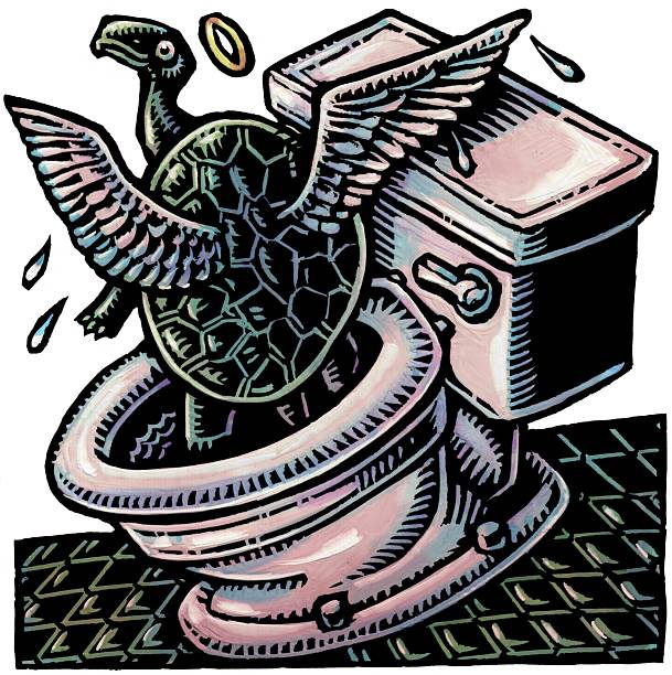 turtle with angel wings and halo rises from the toilet where he was dumped