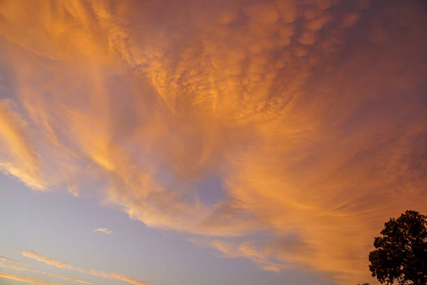 Vibrant orange mammatus clouds dominate a beautiful sunset sky, creating a breathtaking natural spectacle