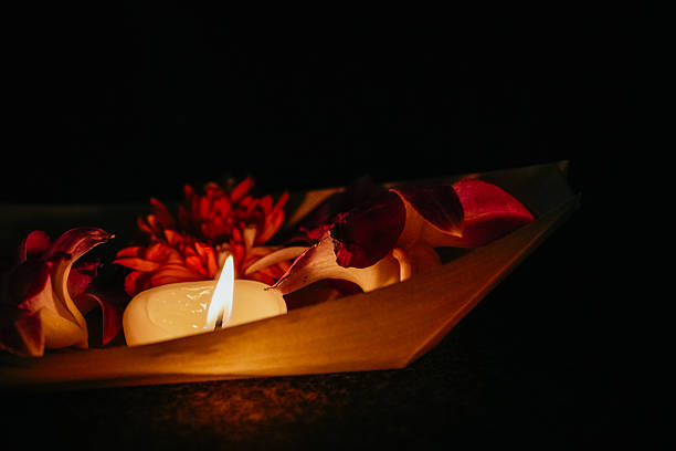 istock Loy Krathong floating offering with burning candle and flowers 2232958496