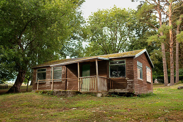 istock Abandoned wooden cabin in forest clearing. 2232964212