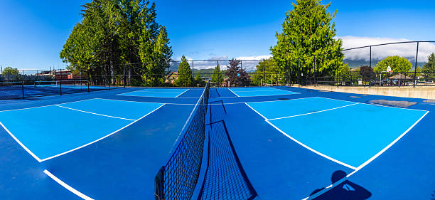 istock Empty pickleball courts on a sunny day with trees and mountains 2232970621