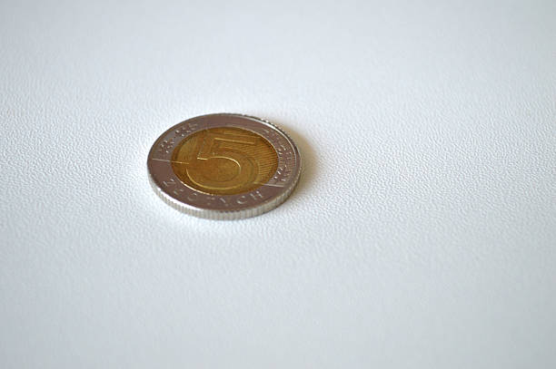 A clean, close-up shot of a small number of Polish Zloty coins on a white textured surface. This image is perfect for highlighting the European economy, personal finance, and currency concepts