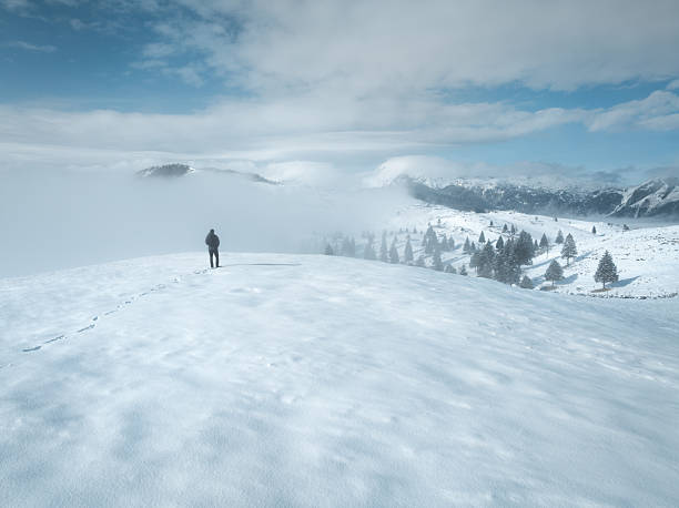 Aerial view of a man hiking on Velika Planina (Slovenia).