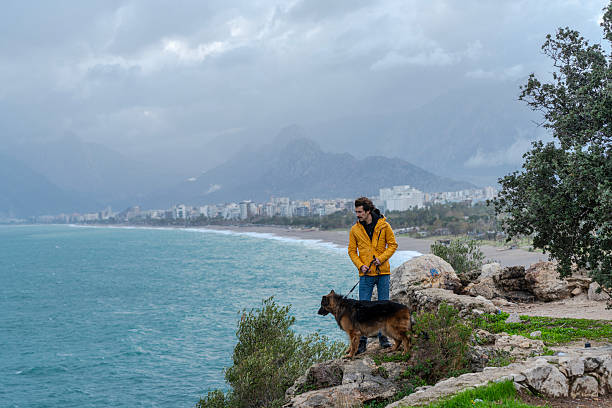 Young man in a yellow jacket standing with his German Shepherd dog on the cliffs