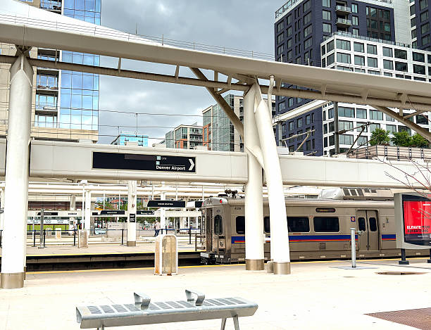 Denver, Colorado, USA - 2 June 2025: Commuter train at platforms in Denver Union Station