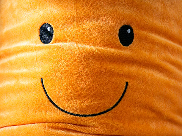 Close-up view of a smiling plush toy face featuring large black eyes and a wide, cheerful grin, radiating happiness, joy, and the pure innocence of childhood moments