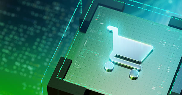istock Online shopping futuristic background. Glowing shopping cart icon on cube. CGI 3D render 2233004465