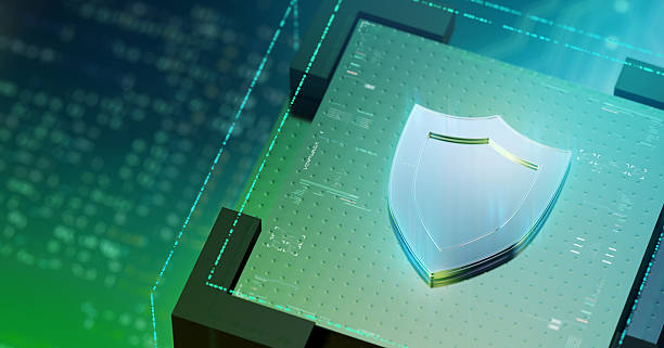 istock Innovations of Internet Security. Security and safety Evolution. Futuristic shield and quantum central processing unit 2233004735