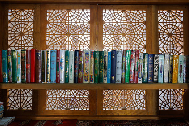 Bibiheybt, May 17, 2025. Interior view of book shelf inside the prayer room of the The Bibi-Heybat Mosque, Baku, Azerbaijan