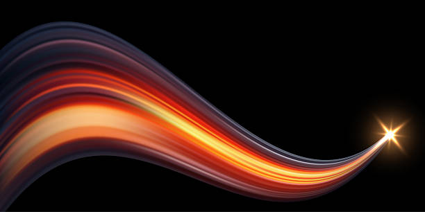 istock Glowing curved light trail red orange. Abstract dynamic wavy streak with bright starburst on black background. Futuristic motion flow with vibrant energy wave in dark space. Vector illustration 2233005766