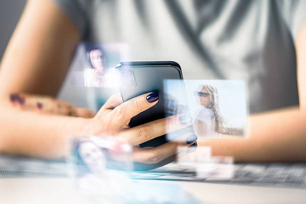 Content creator with phone and photo edit app or AI image generator. Woman using smartphone. Social feed, digital gallery or profile. Artificial person. Online dating or personal brand.