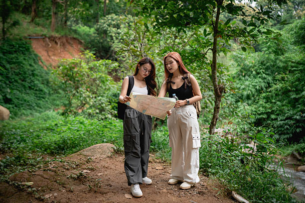 Two Young Women Exploring Nature While Holding a Map in a Lush Green Forest by a Stream on a Sunny Day